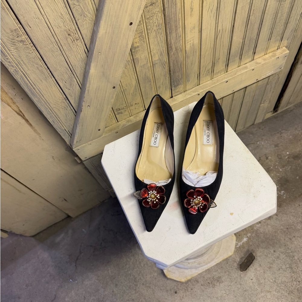 Jimmy Choo Black Heels with Red Floral Accents